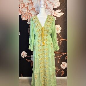 Papa Pia Green Embroidered Floral Maxi Dress with Mirror Accents & Tassel Tie